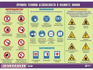 Таблица демонстрационная "Правила техники безопасности в кабинете химии" (винил 70х100) - fgospostavki.ru - Рязань